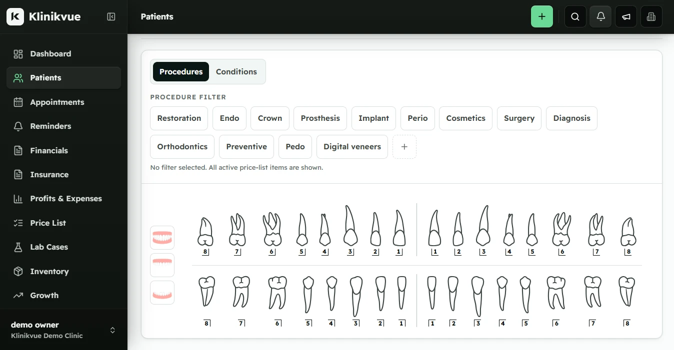 Klinikvue tooth chart with procedure filters for the upper and lower jaw
