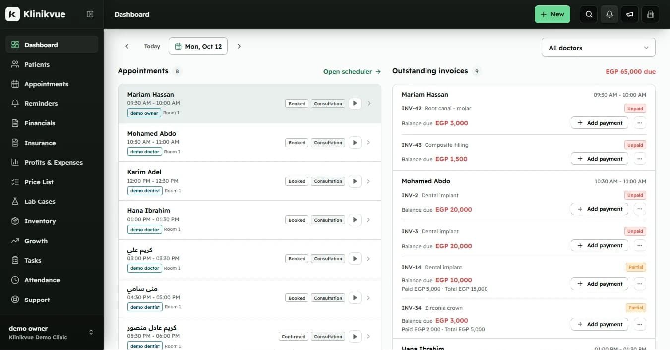 Klinikvue dashboard with the day's appointments and outstanding invoices